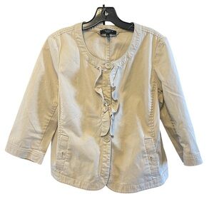 Talbots Khaki Jacket Blazer Tan Ruffle Trim 3 Button 3/4 Sleeve Size 10P